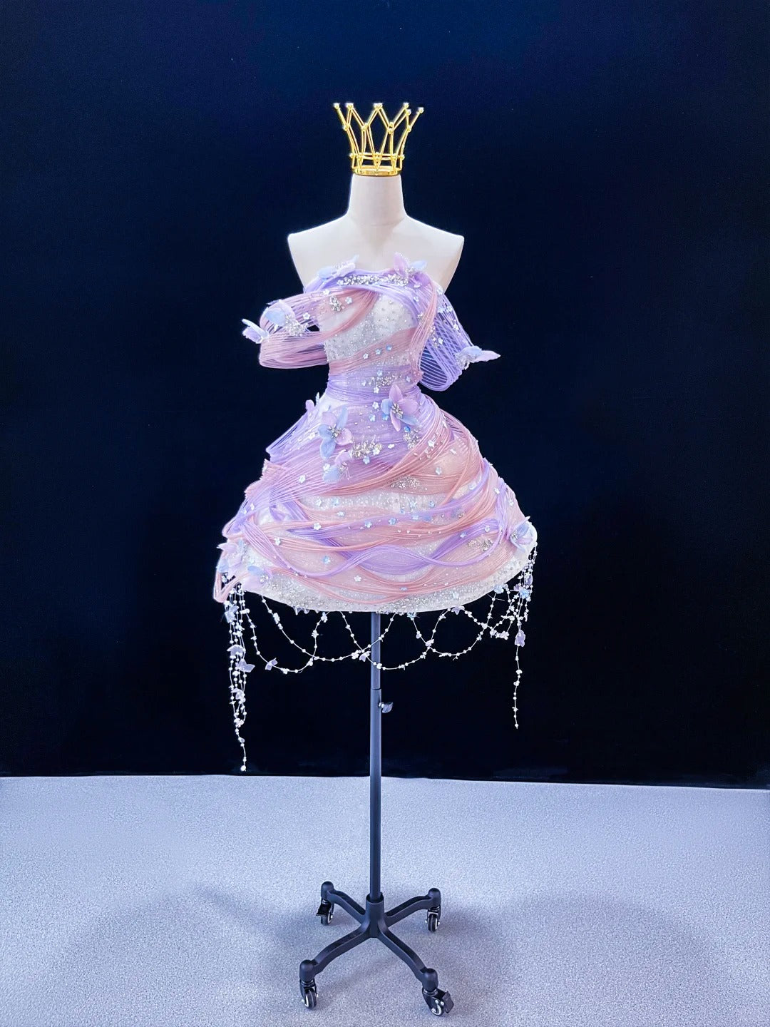 SL238 Lavender Pink Off Shoulder Mini Prom Dress 3D Floral Crystal Princess Dress