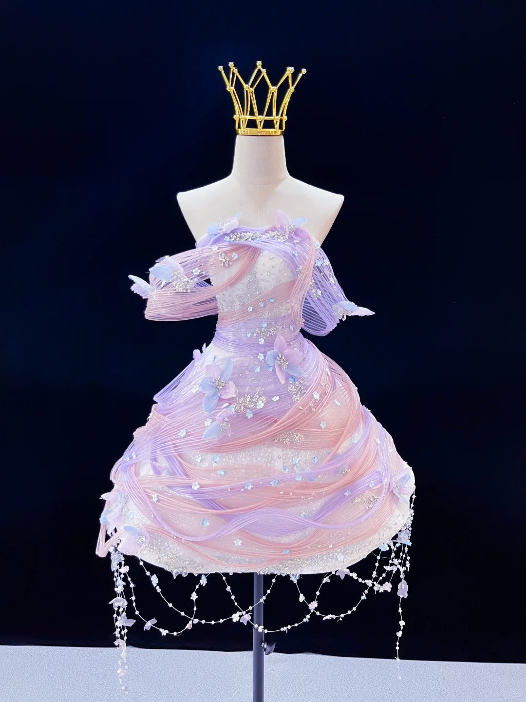 SL238 Lavender Pink Off Shoulder Mini Prom Dress 3D Floral Crystal Princess Dress