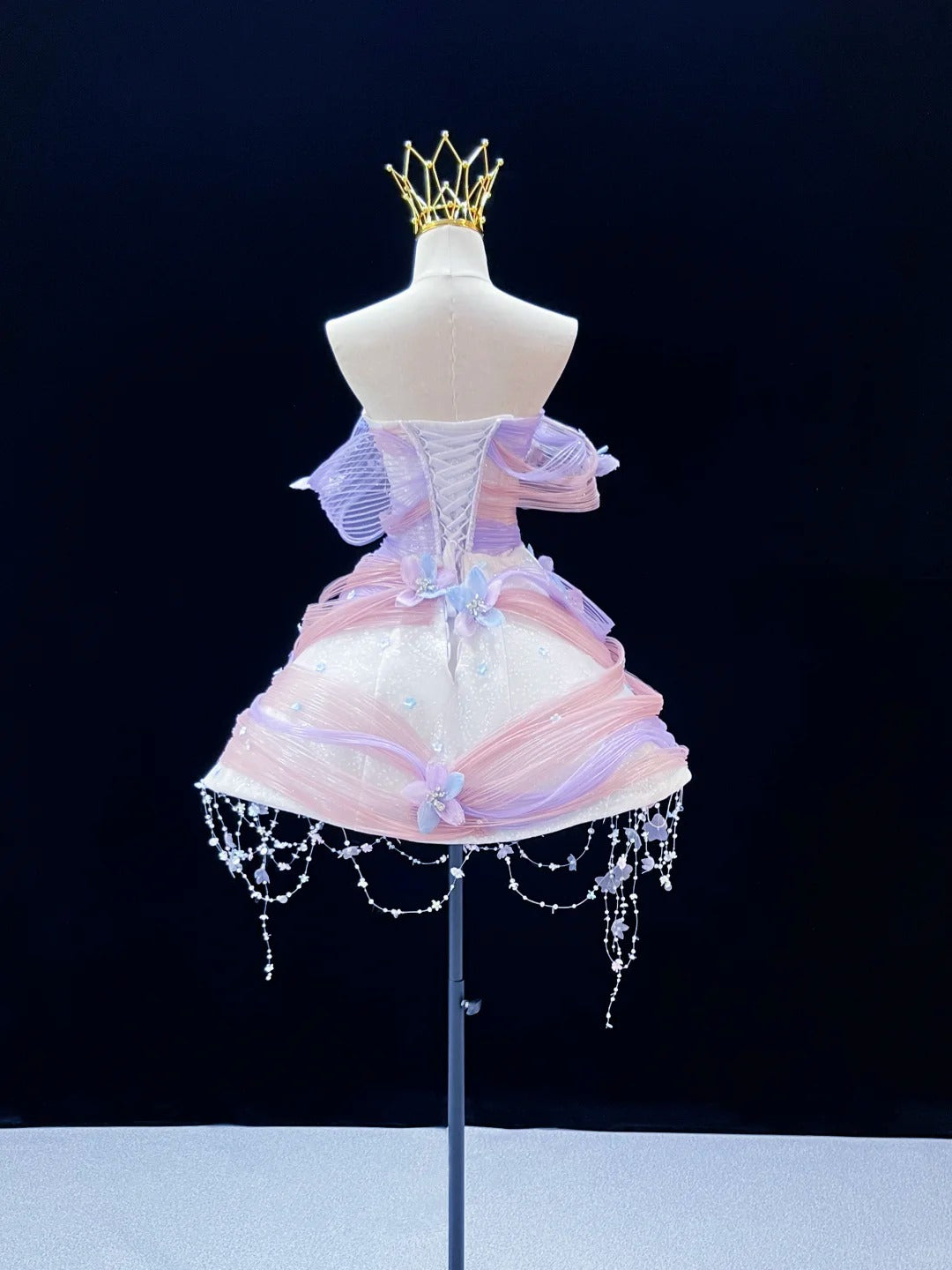 SL238 Lavender Pink Off Shoulder Mini Prom Dress 3D Floral Crystal Princess Dress