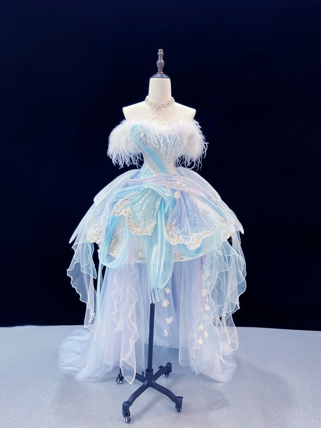SL239 Ice Blue Off-Shoulder Mini Prom Dress with Feather Trim Crystal Embellishments