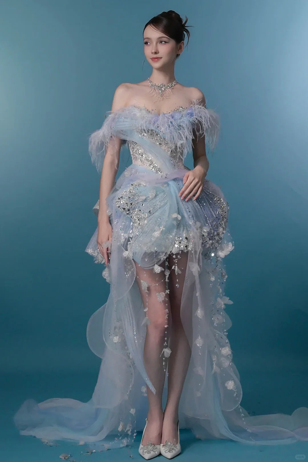 SL239 Ice Blue Off-Shoulder Mini Prom Dress with Feather Trim Crystal Embellishments