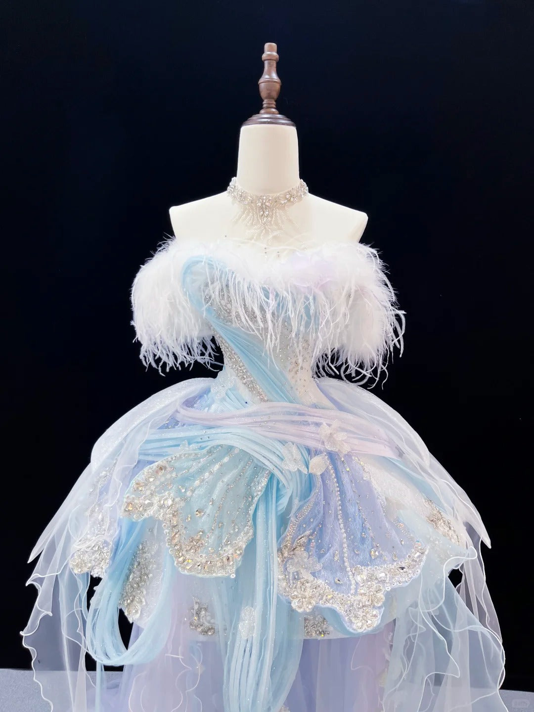 SL239 Ice Blue Off-Shoulder Mini Prom Dress with Feather Trim Crystal Embellishments