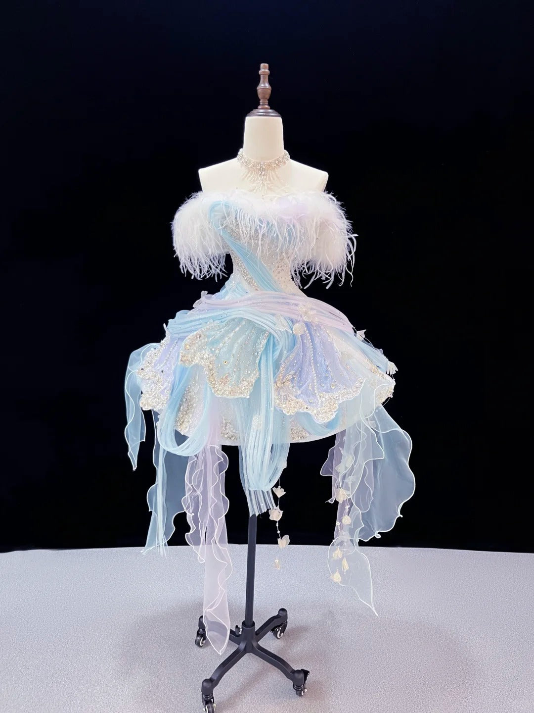 SL239 Ice Blue Off-Shoulder Mini Prom Dress with Feather Trim Crystal Embellishments