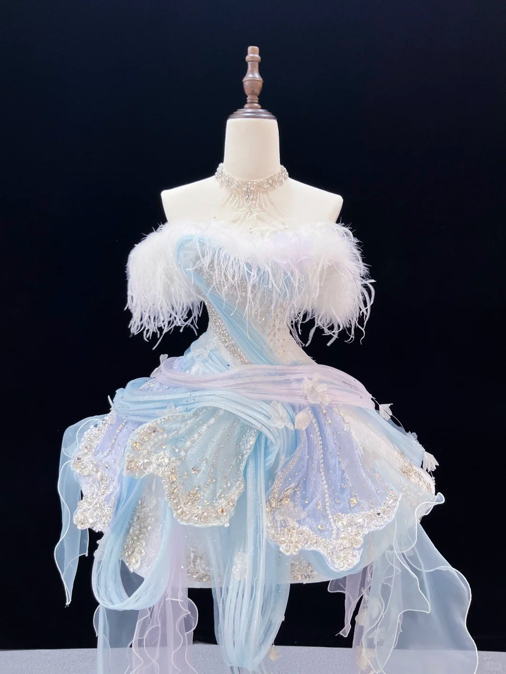 SL239 Ice Blue Off-Shoulder Mini Prom Dress with Feather Trim Crystal Embellishments
