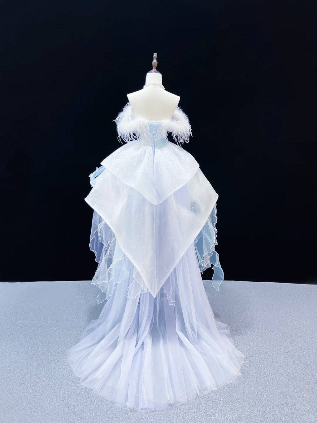 SL239 Ice Blue Off-Shoulder Mini Prom Dress with Feather Trim Crystal Embellishments