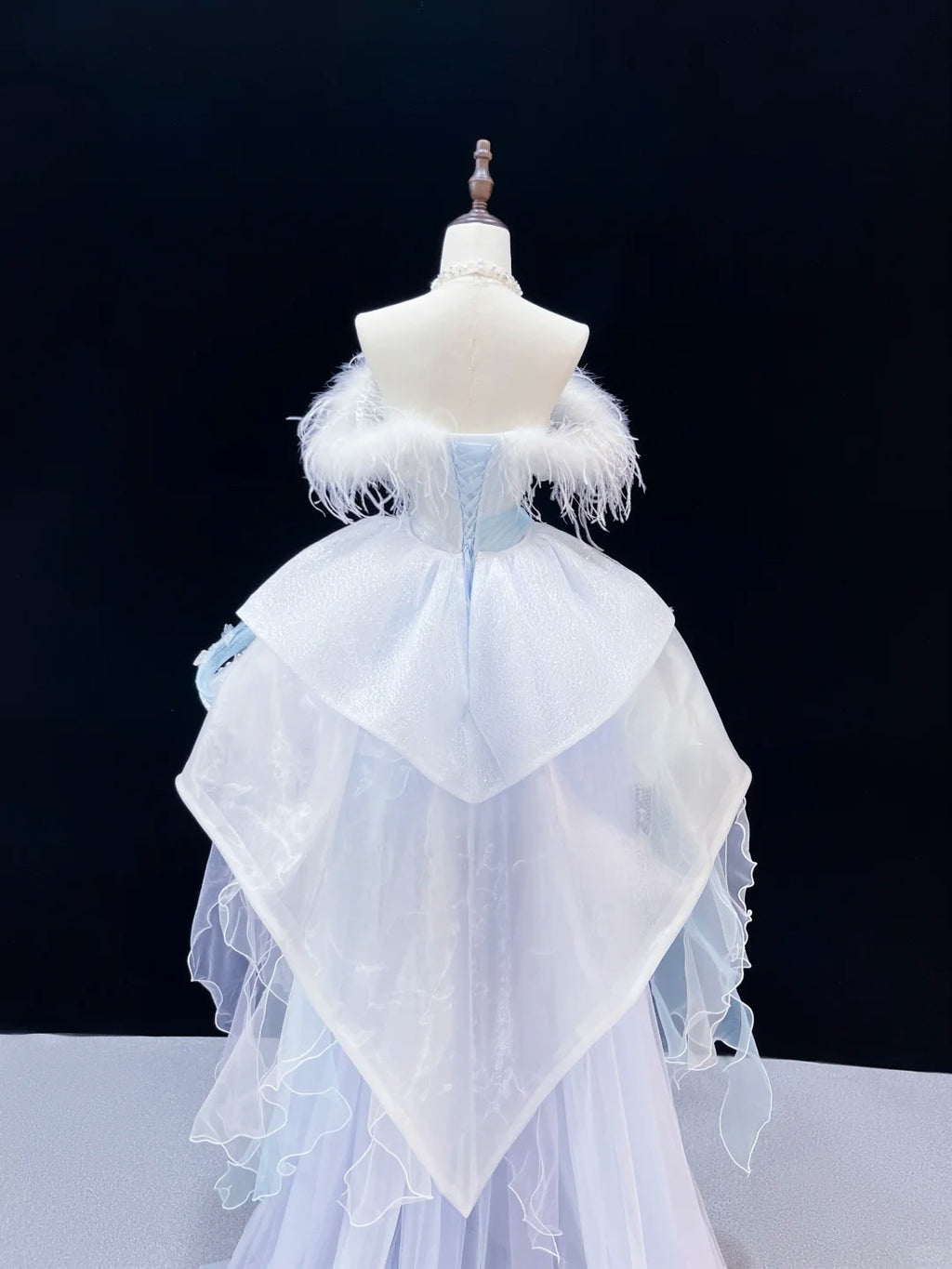 SL239 Ice Blue Off-Shoulder Mini Prom Dress with Feather Trim Crystal Embellishments