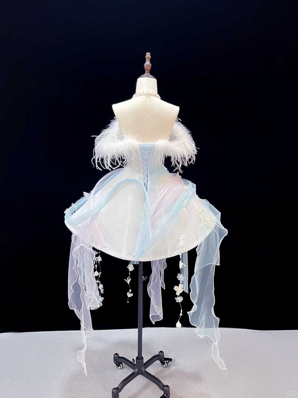 SL239 Ice Blue Off-Shoulder Mini Prom Dress with Feather Trim Crystal Embellishments