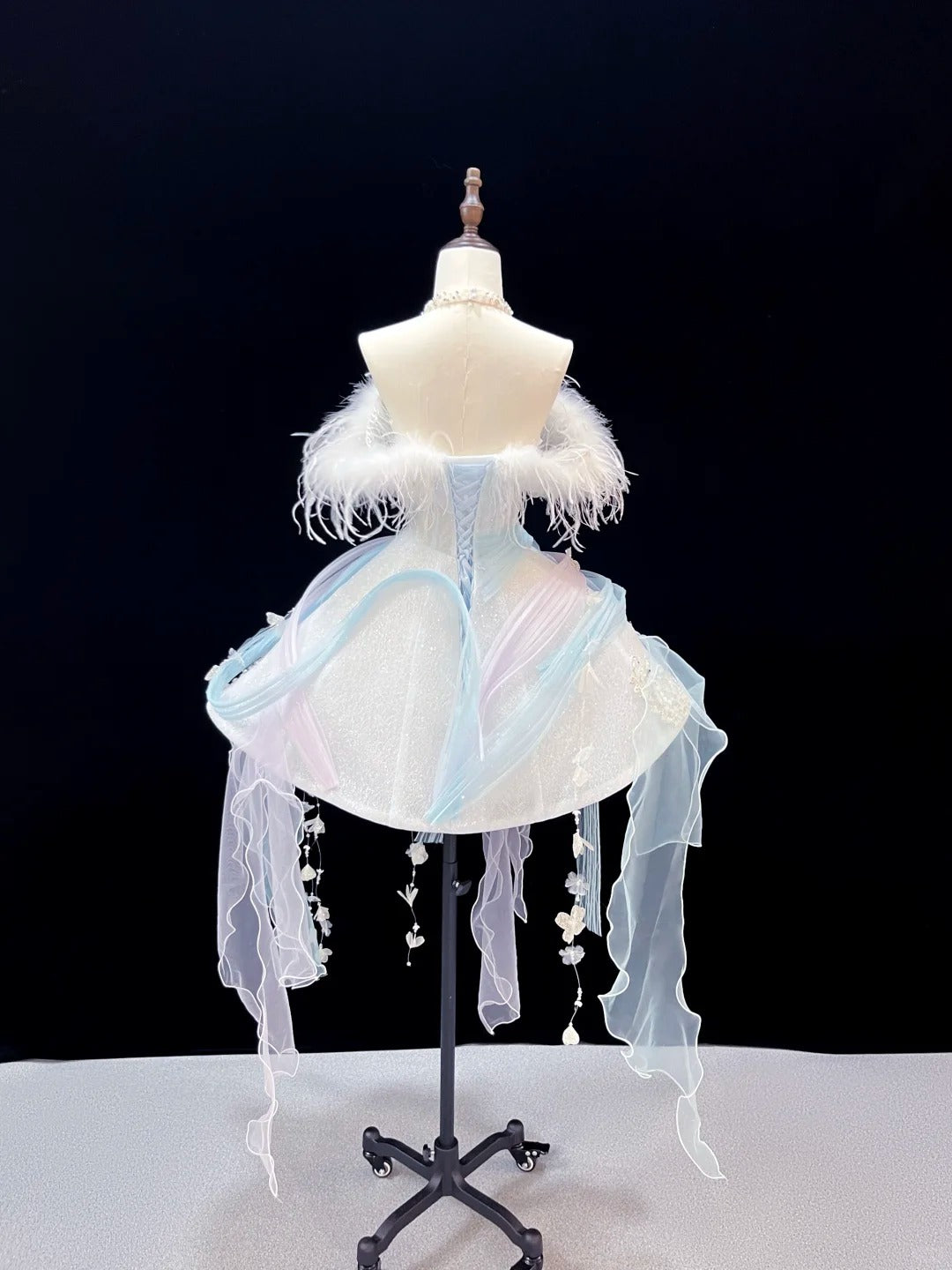 SL239 Ice Blue Off-Shoulder Mini Prom Dress with Feather Trim Crystal Embellishments