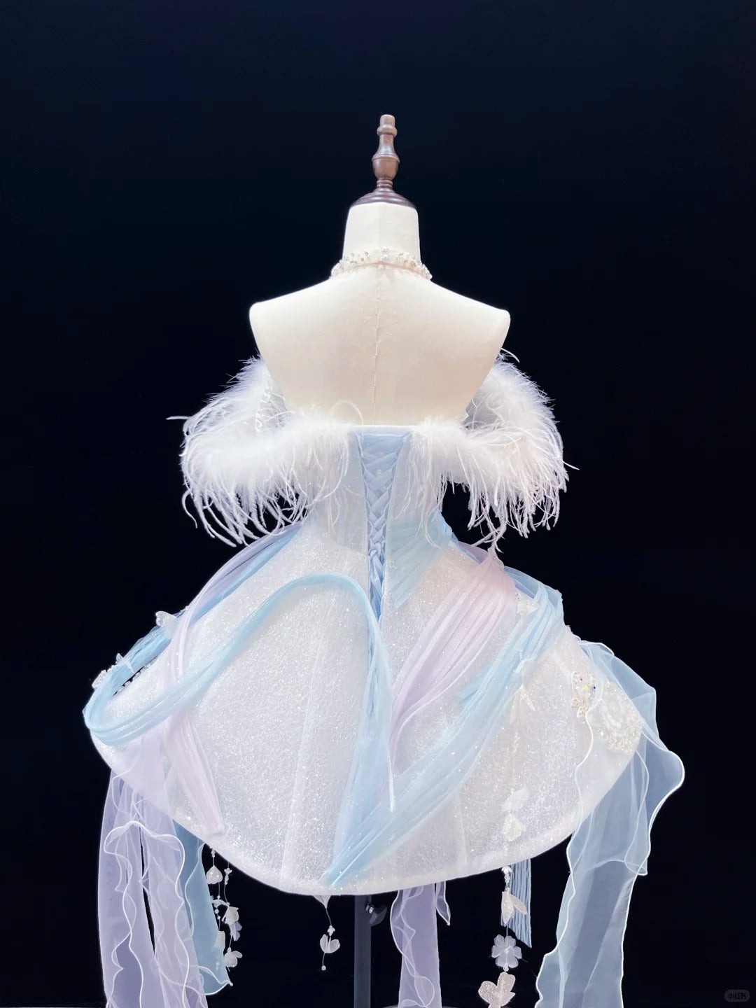 SL239 Ice Blue Off-Shoulder Mini Prom Dress with Feather Trim Crystal Embellishments