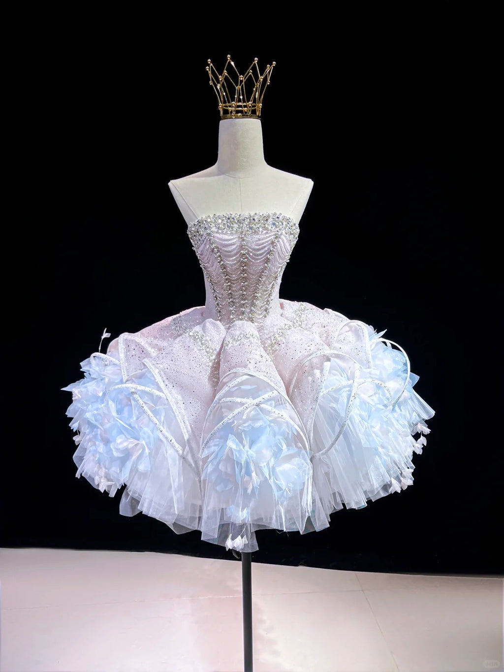 SL240 White Crystal Corset Mini Prom Dress with 3D Floral Skirt
