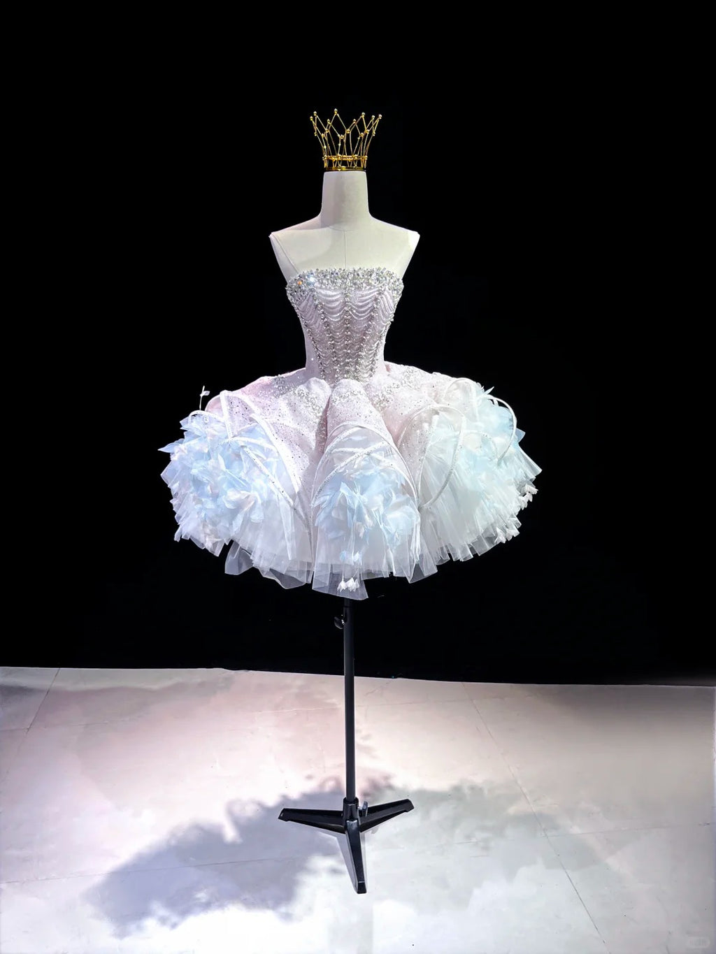 SL240 White Crystal Corset Mini Prom Dress with 3D Floral Skirt