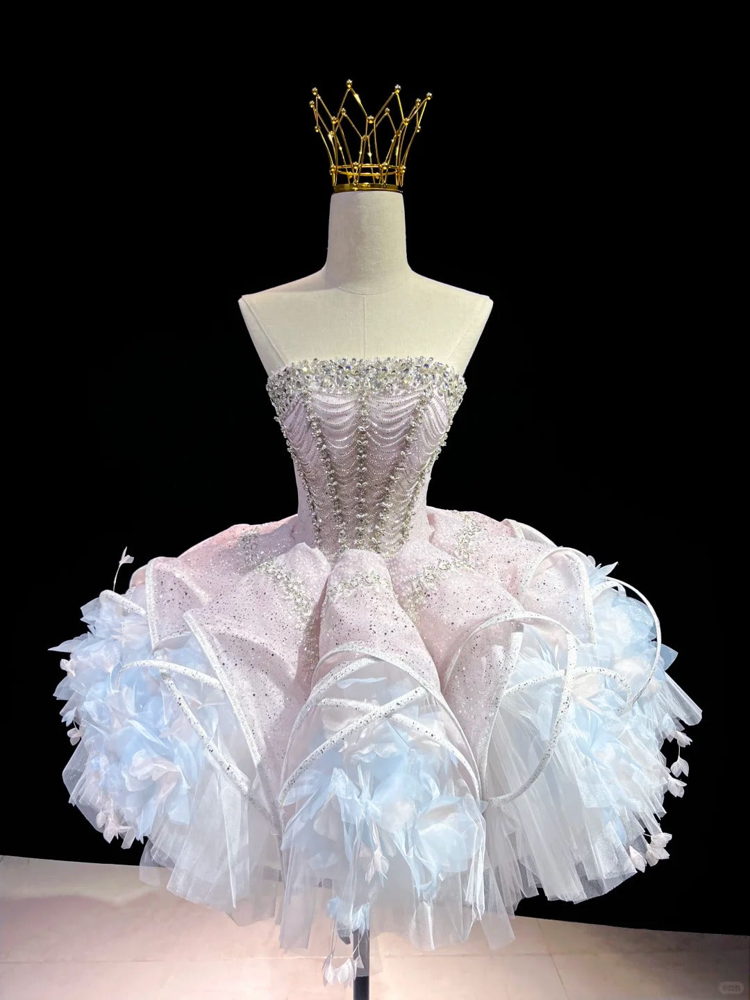 SL240 White Crystal Corset Mini Prom Dress with 3D Floral Skirt