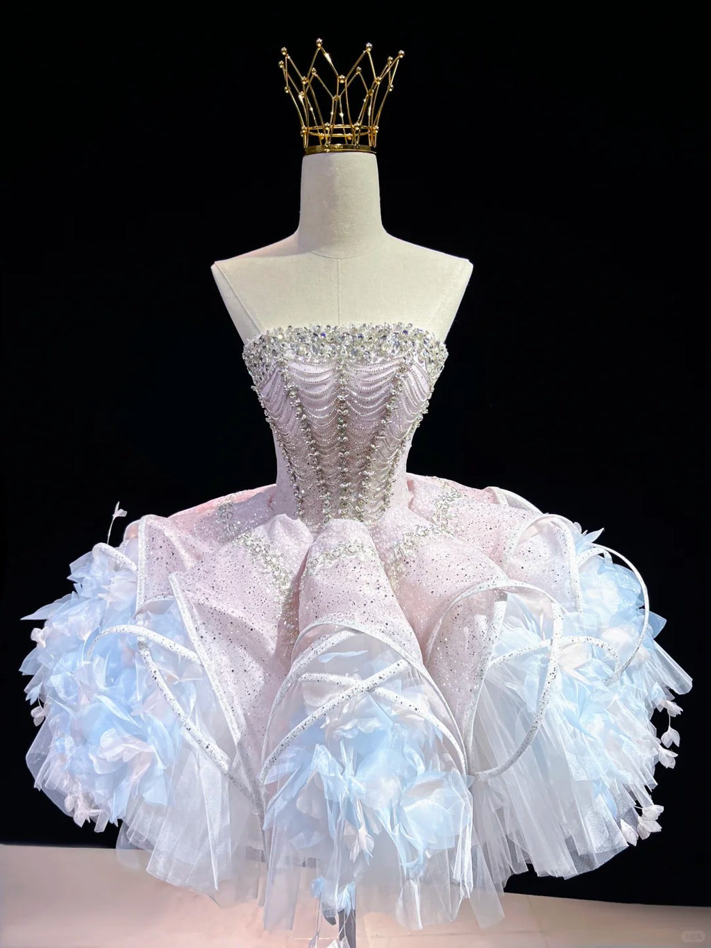 SL240 White Crystal Corset Mini Prom Dress with 3D Floral Skirt