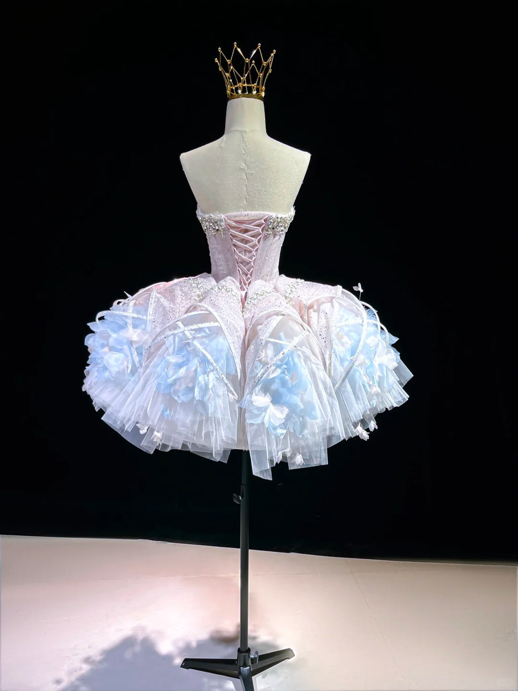 SL240 White Crystal Corset Mini Prom Dress with 3D Floral Skirt