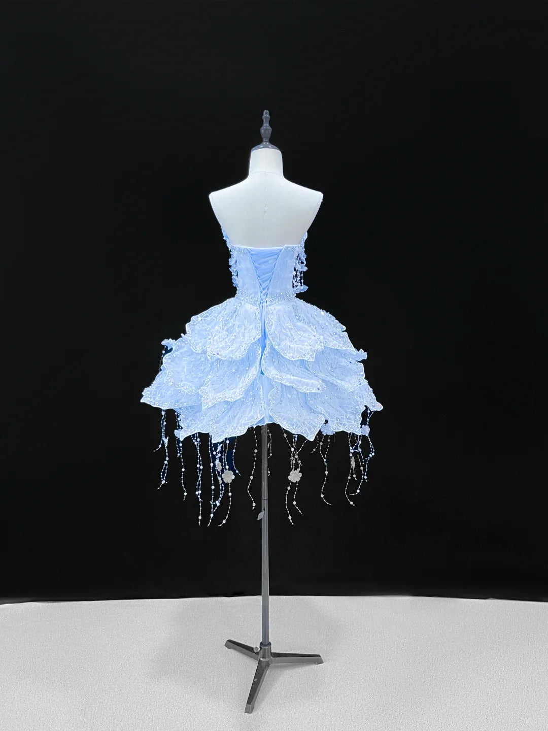 SL241 Icy Blue Princess Mini Prom Dress Crystal Beaded Layered Dress