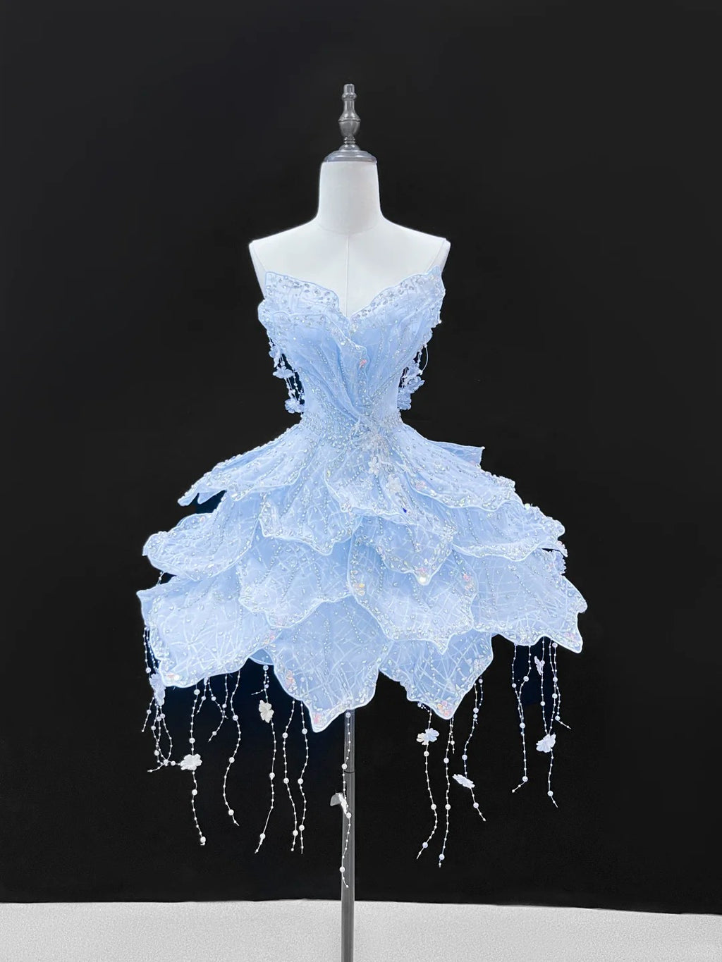 SL241 Icy Blue Princess Mini Prom Dress Crystal Beaded Layered Dress