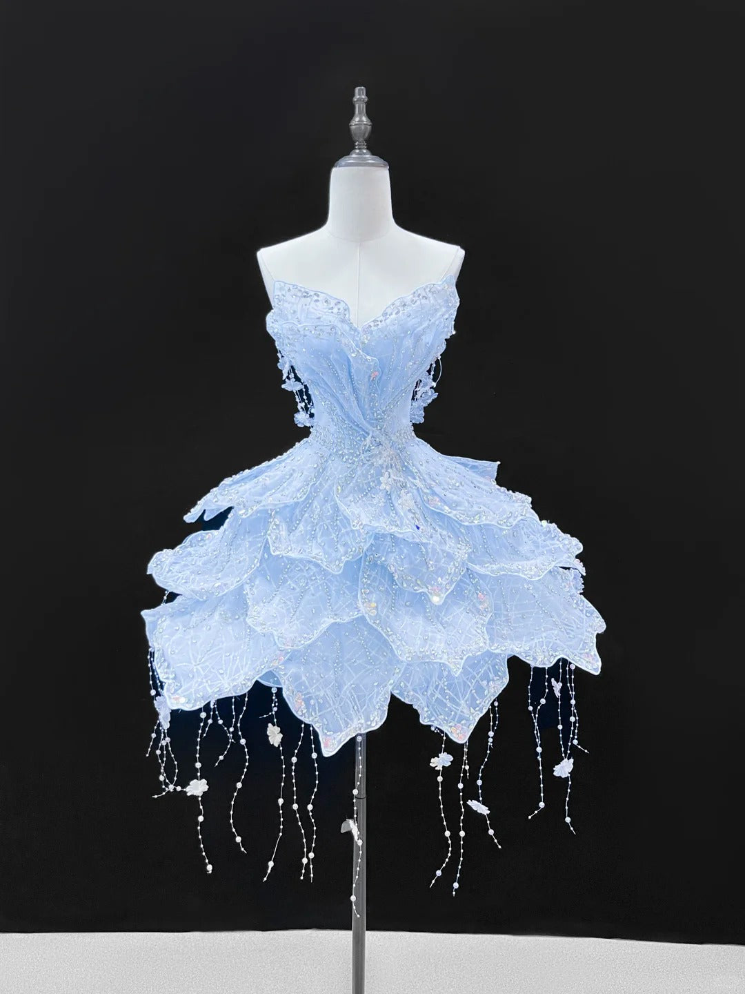 SL241 Icy Blue Princess Mini Prom Dress Crystal Beaded Layered Dress