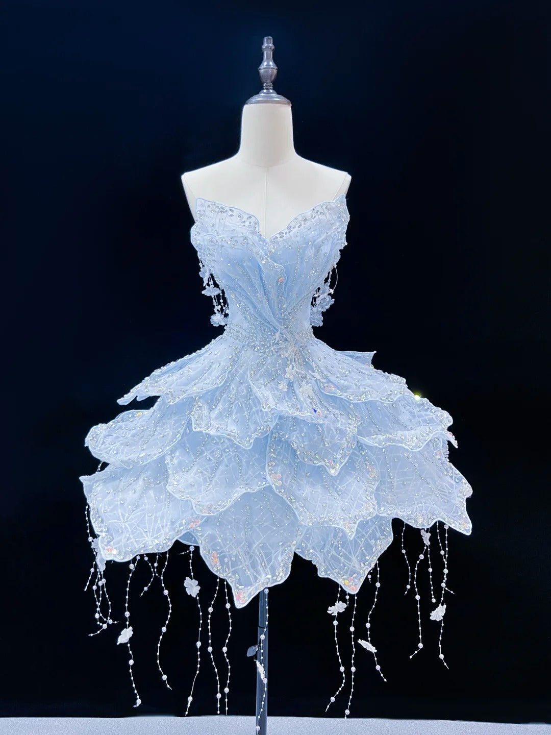 SL241 Icy Blue Princess Mini Prom Dress Crystal Beaded Layered Dress