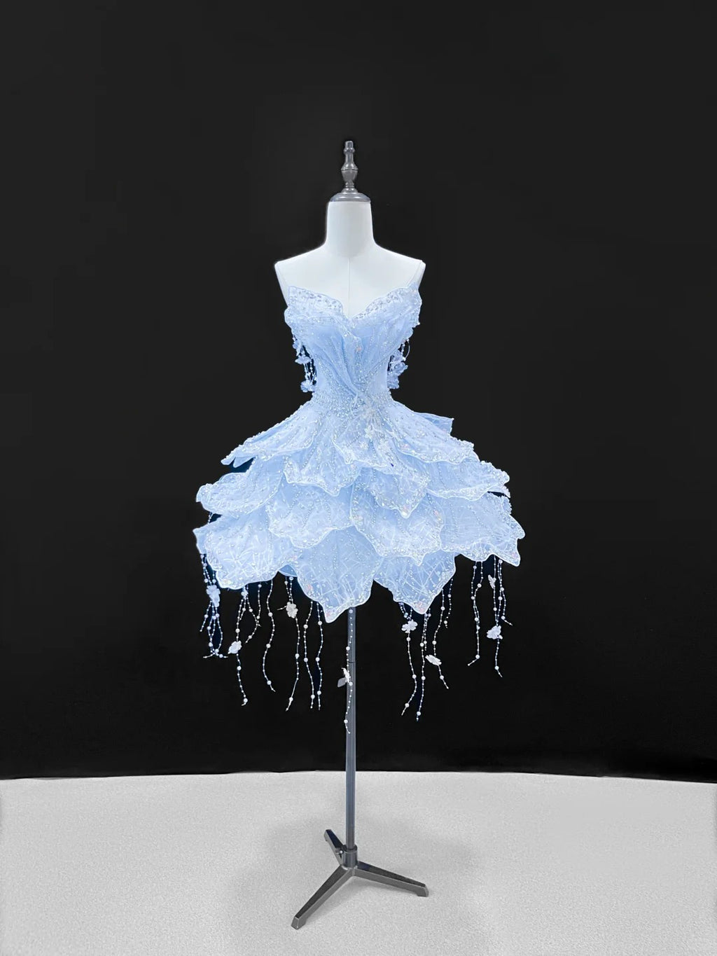 SL241 Icy Blue Princess Mini Prom Dress Crystal Beaded Layered Dress