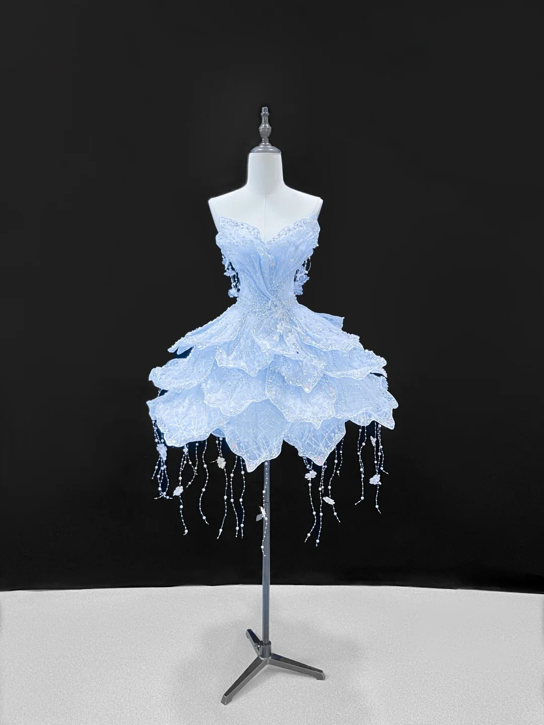 SL241 Icy Blue Princess Mini Prom Dress Crystal Beaded Layered Dress