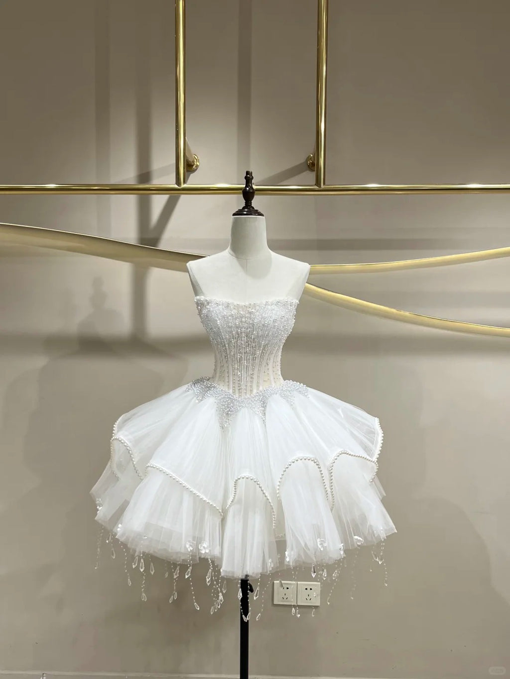 SL242 White Strapless Mini Prom Dress with Crystal Beaded Corset Layered Ruffle Skirt
