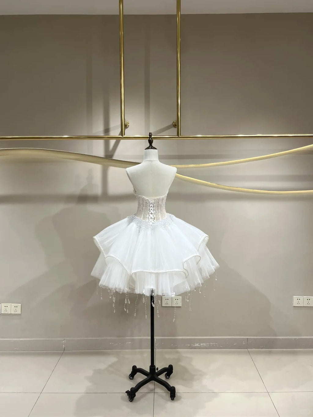SL242 White Strapless Mini Prom Dress with Crystal Beaded Corset Layered Ruffle Skirt