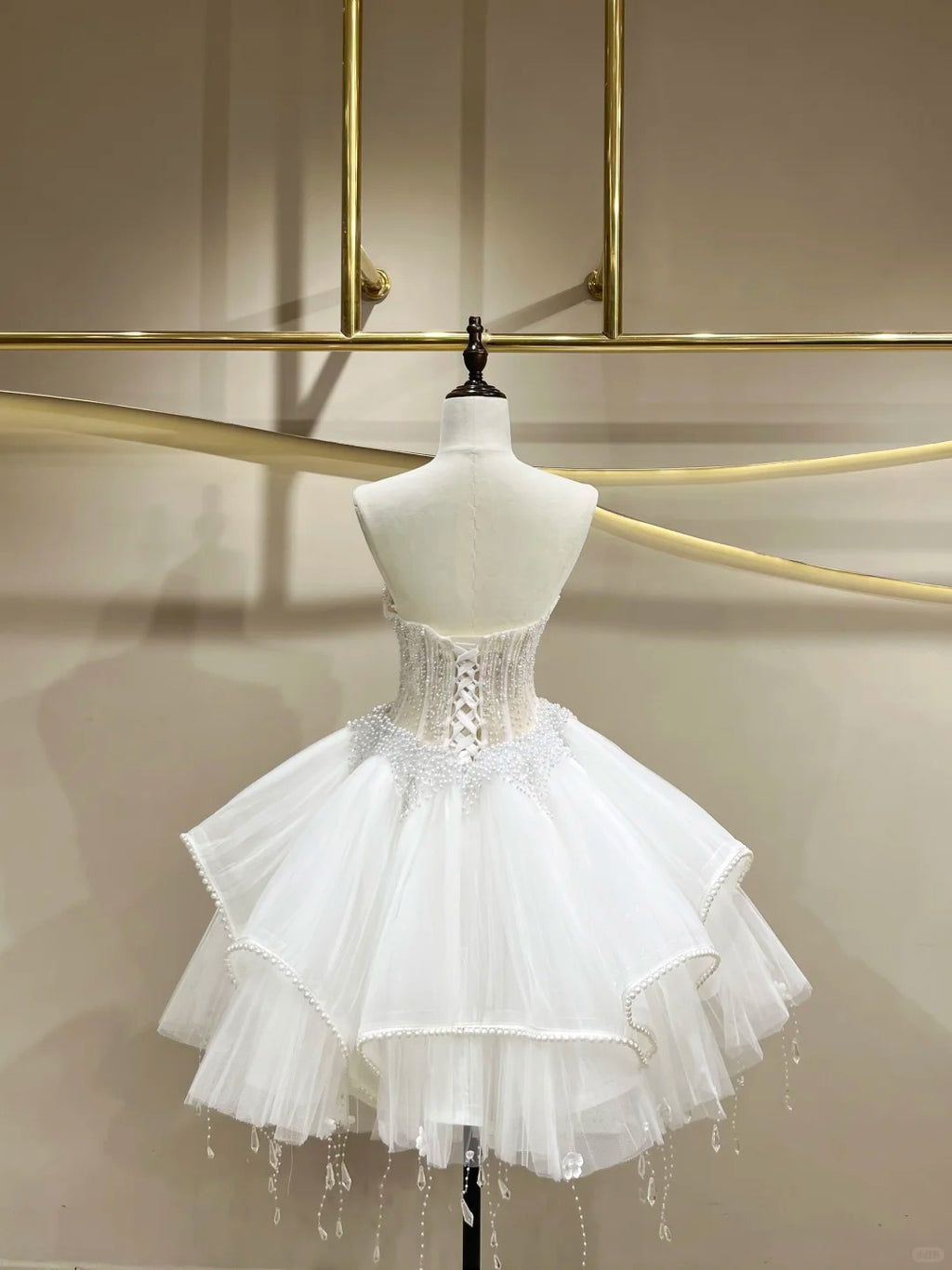 SL242 White Strapless Mini Prom Dress with Crystal Beaded Corset Layered Ruffle Skirt