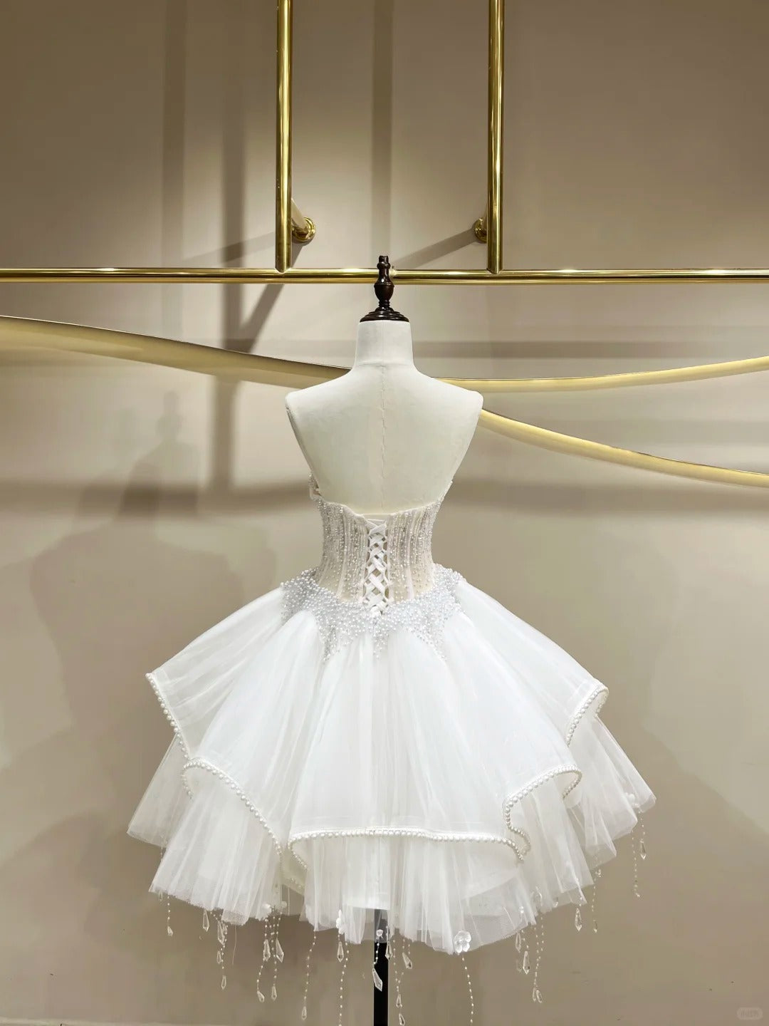 SL242 White Strapless Mini Prom Dress with Crystal Beaded Corset Layered Ruffle Skirt