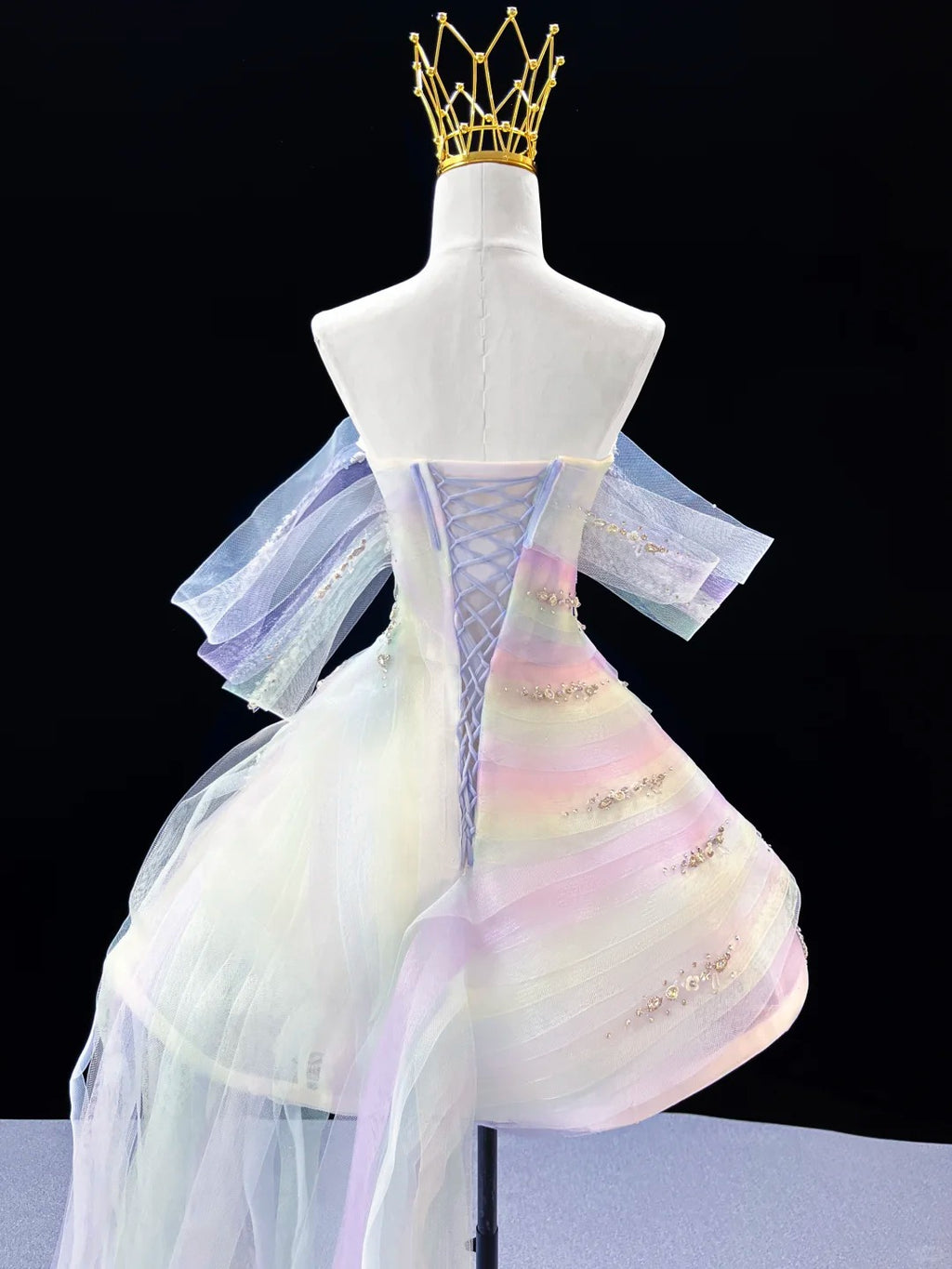 SL243 Iridescent Pastel Off-Shoulder Mini Prom Dress with Crystal Embellishments Long Tulle Train