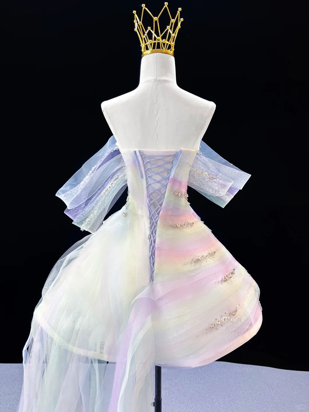 SL243 Iridescent Pastel Off-Shoulder Mini Prom Dress with Crystal Embellishments Long Tulle Train