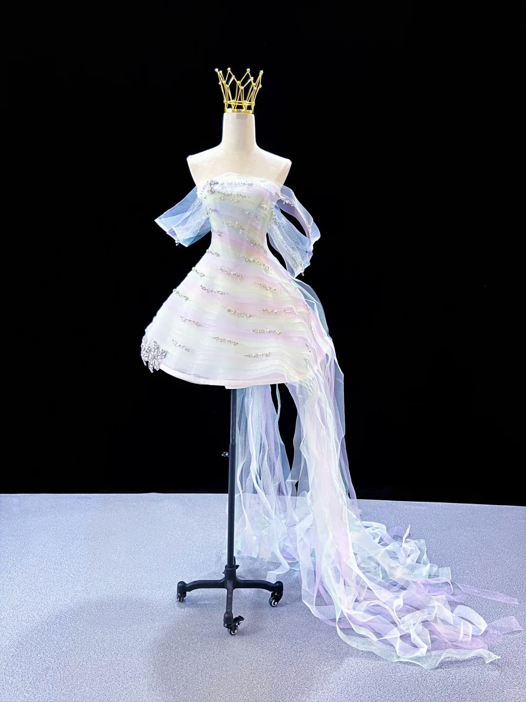 SL243 Iridescent Pastel Off-Shoulder Mini Prom Dress with Crystal Embellishments Long Tulle Train
