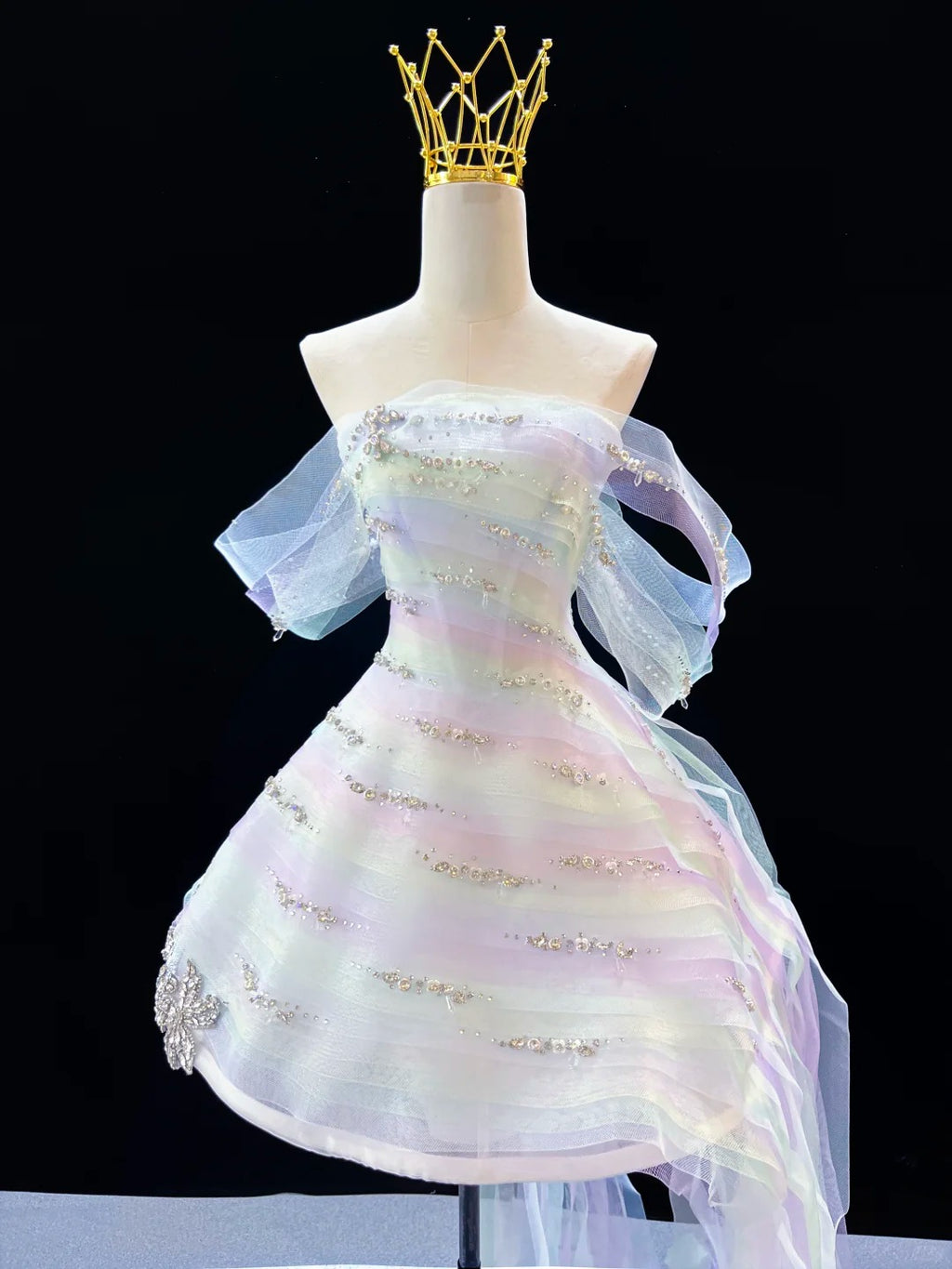 SL243 Iridescent Pastel Off-Shoulder Mini Prom Dress with Crystal Embellishments Long Tulle Train