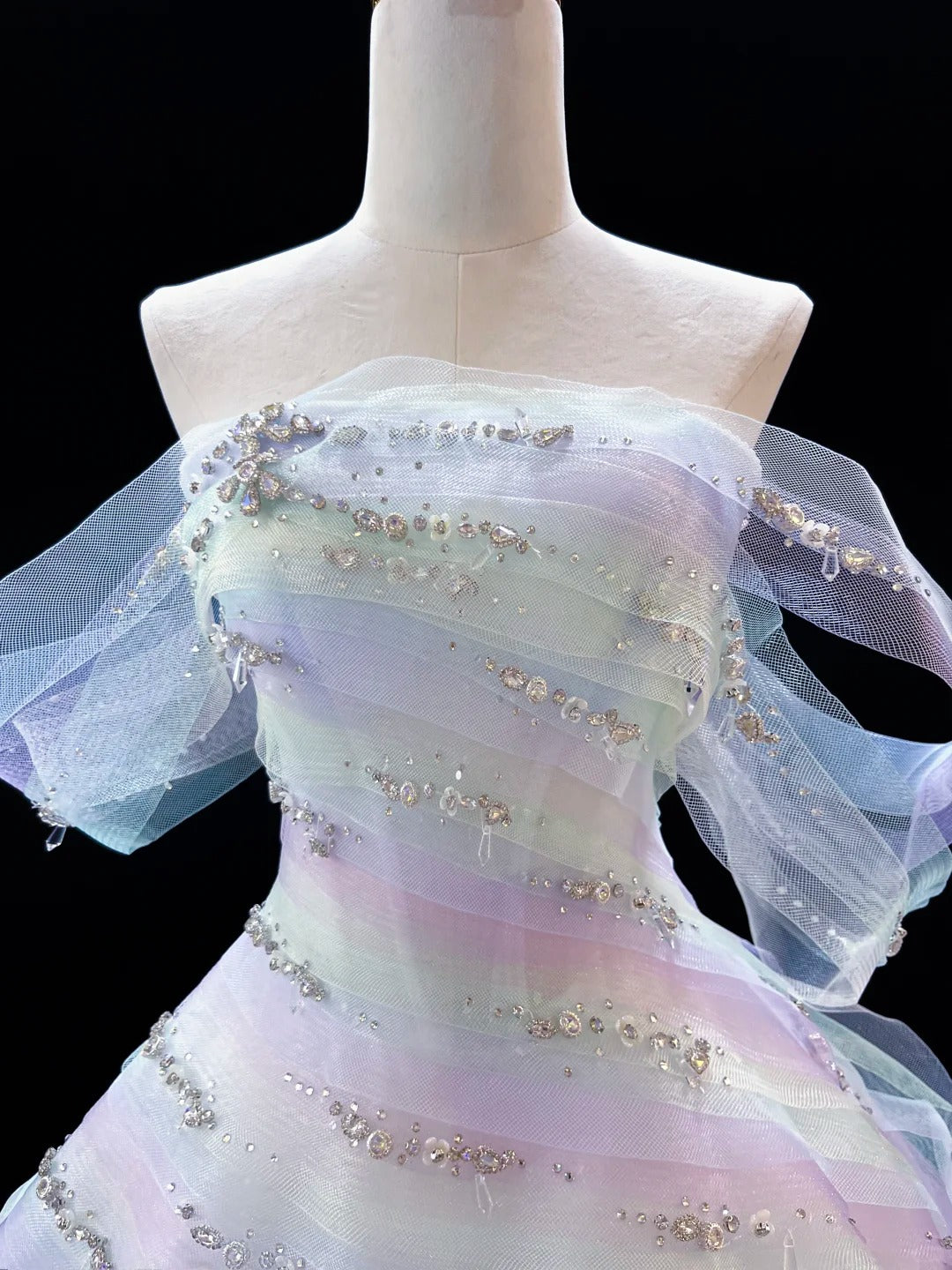 SL243 Iridescent Pastel Off-Shoulder Mini Prom Dress with Crystal Embellishments Long Tulle Train