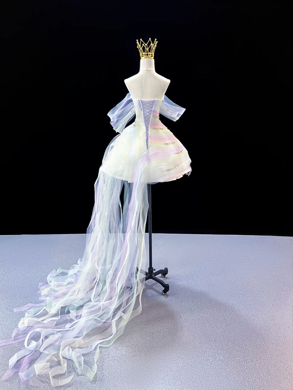 SL243 Iridescent Pastel Off-Shoulder Mini Prom Dress with Crystal Embellishments Long Tulle Train