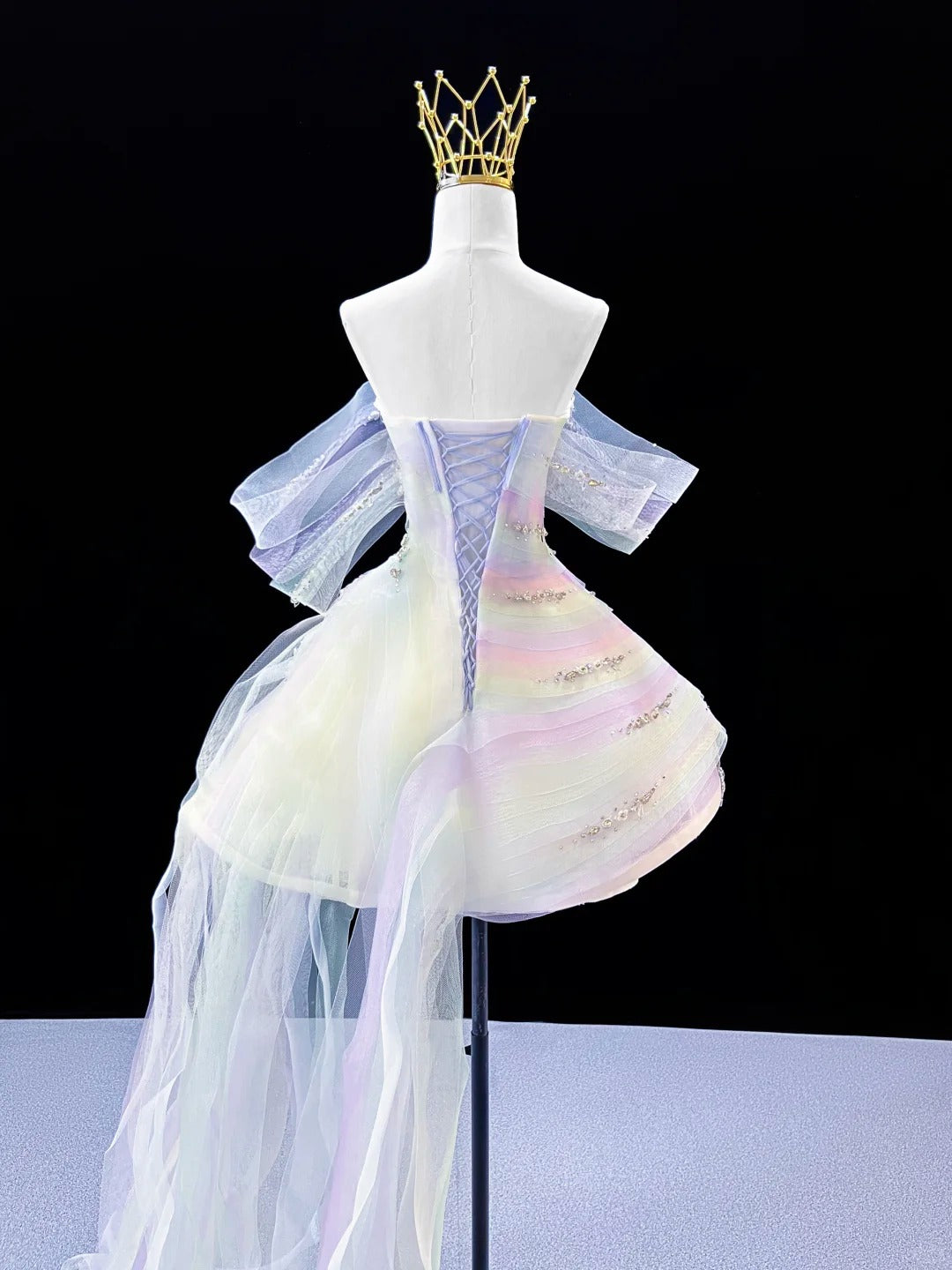 SL243 Iridescent Pastel Off-Shoulder Mini Prom Dress with Crystal Embellishments Long Tulle Train