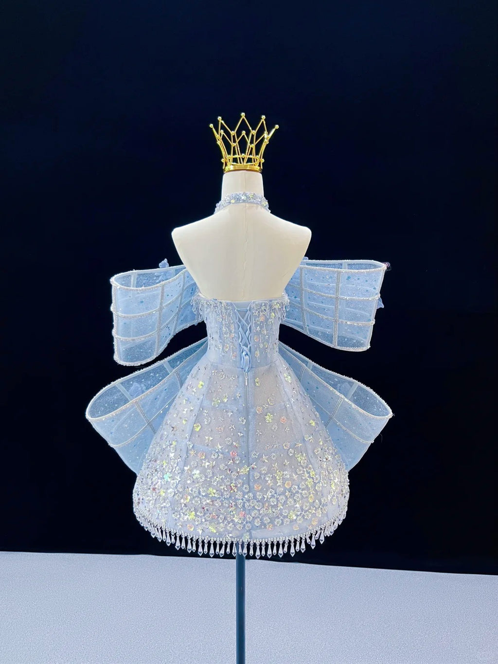 SL244 Icy Blue Off-Shoulder Crystal Bow Mini Prom Dress