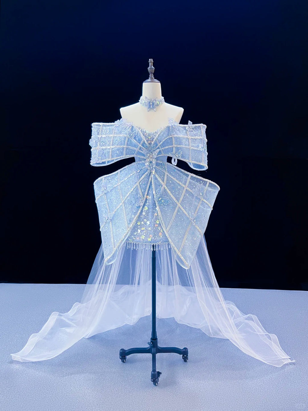 SL244 Icy Blue Off-Shoulder Crystal Bow Mini Prom Dress