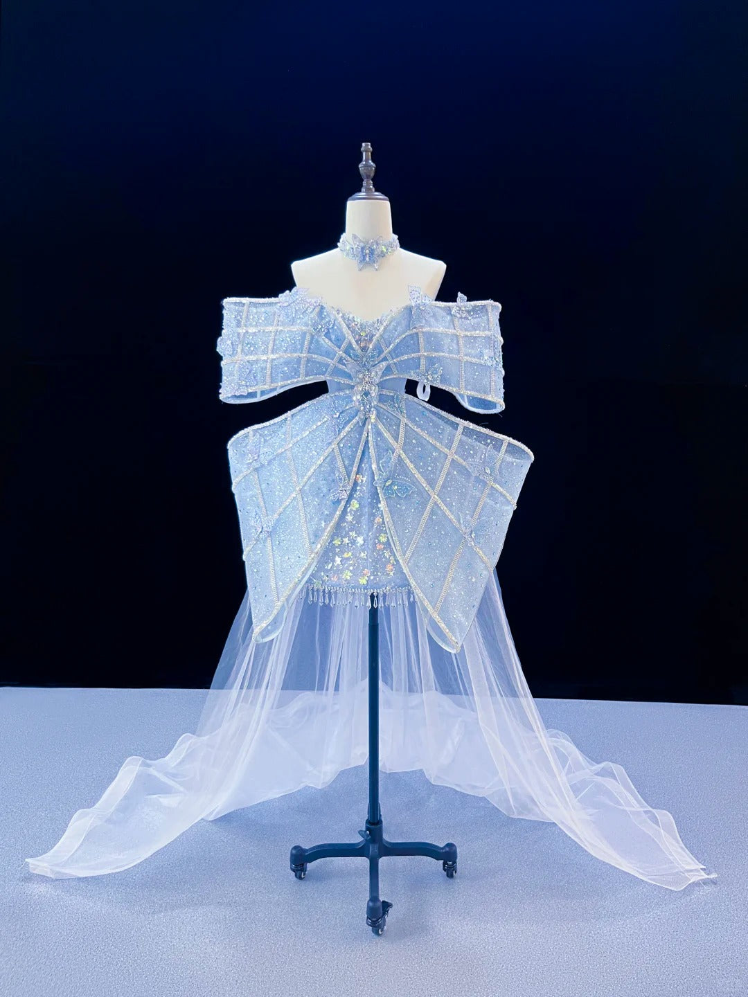 SL244 Icy Blue Off-Shoulder Crystal Bow Mini Prom Dress