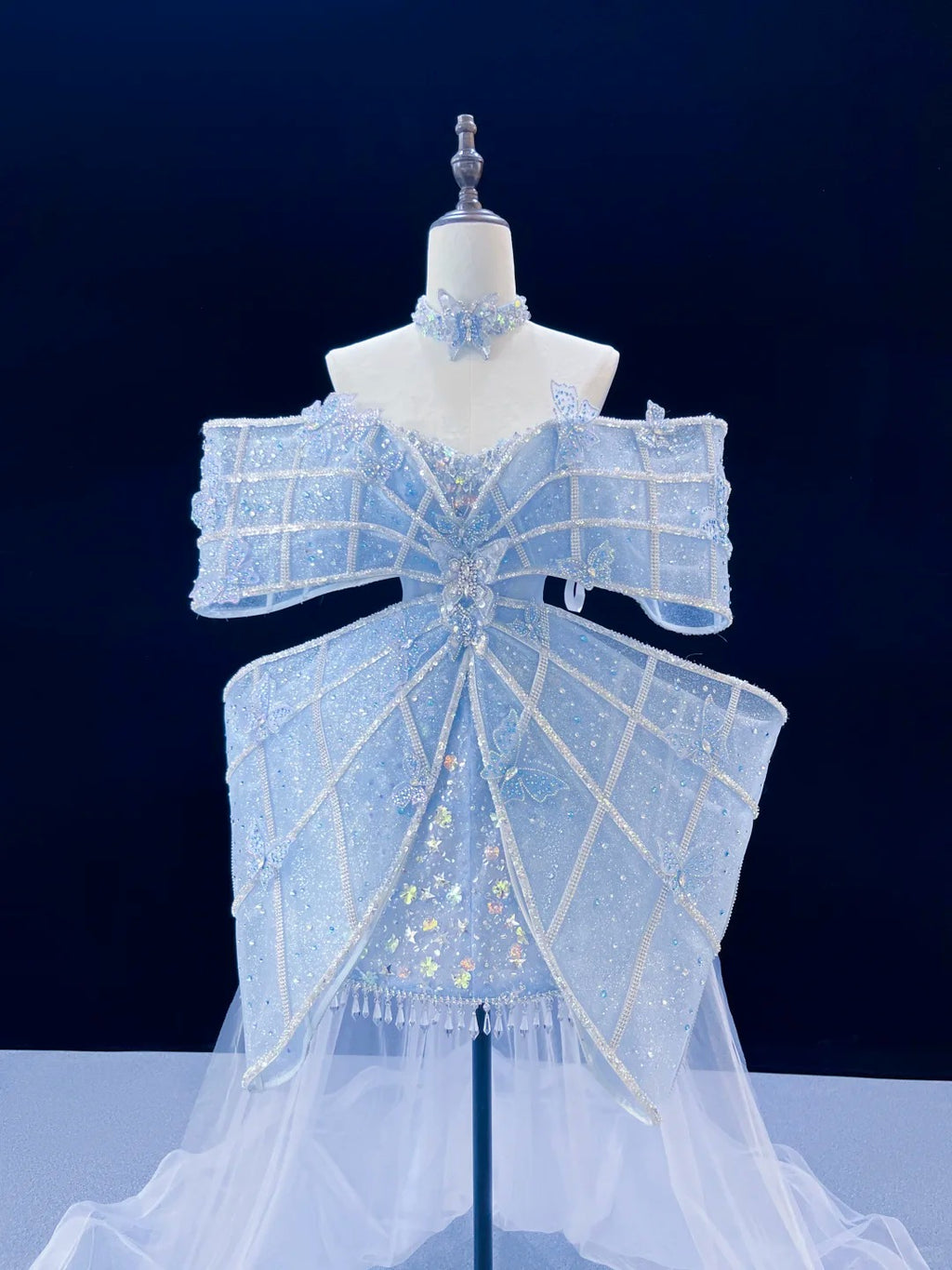 SL244 Icy Blue Off-Shoulder Crystal Bow Mini Prom Dress