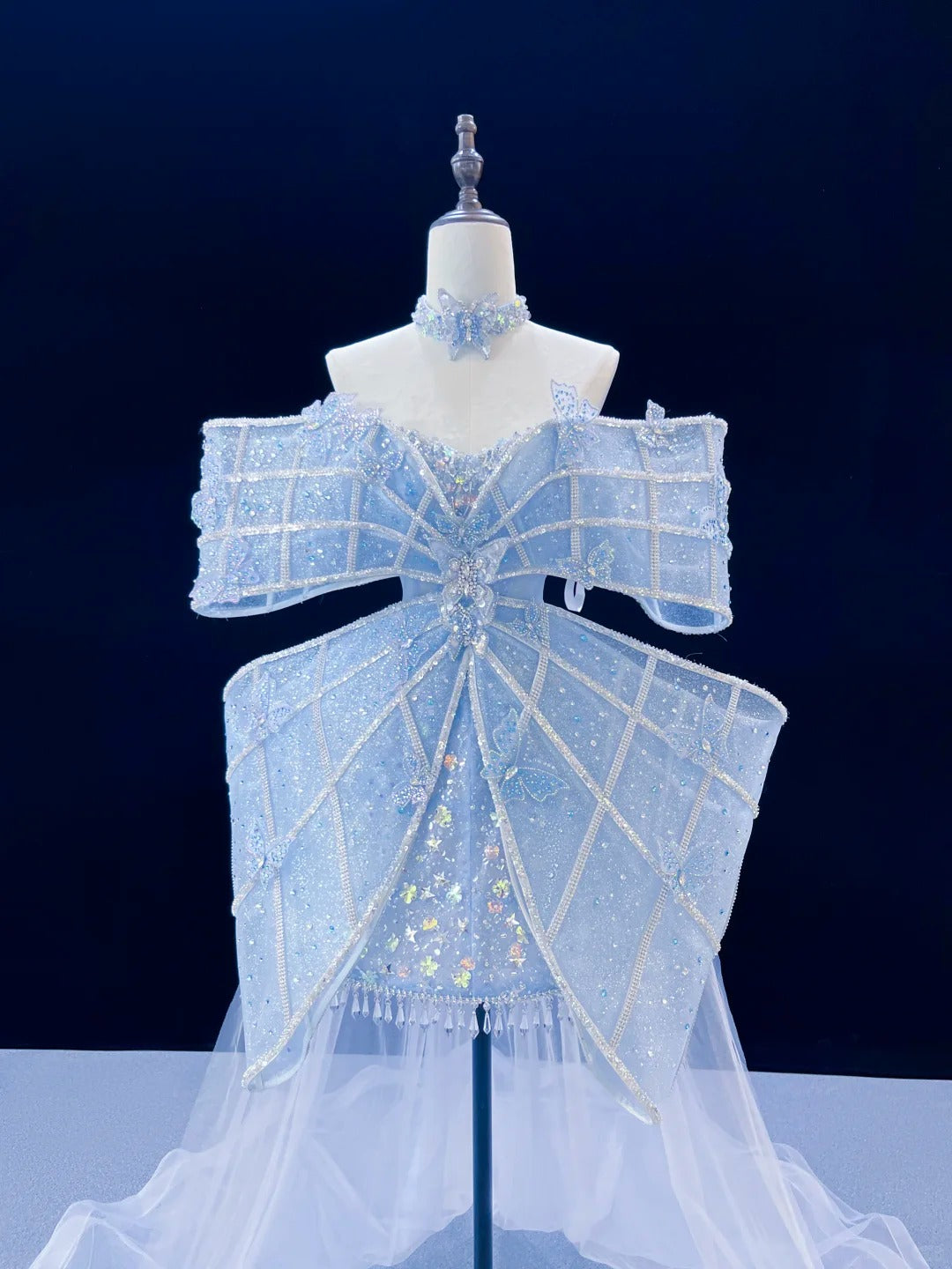 SL244 Icy Blue Off-Shoulder Crystal Bow Mini Prom Dress