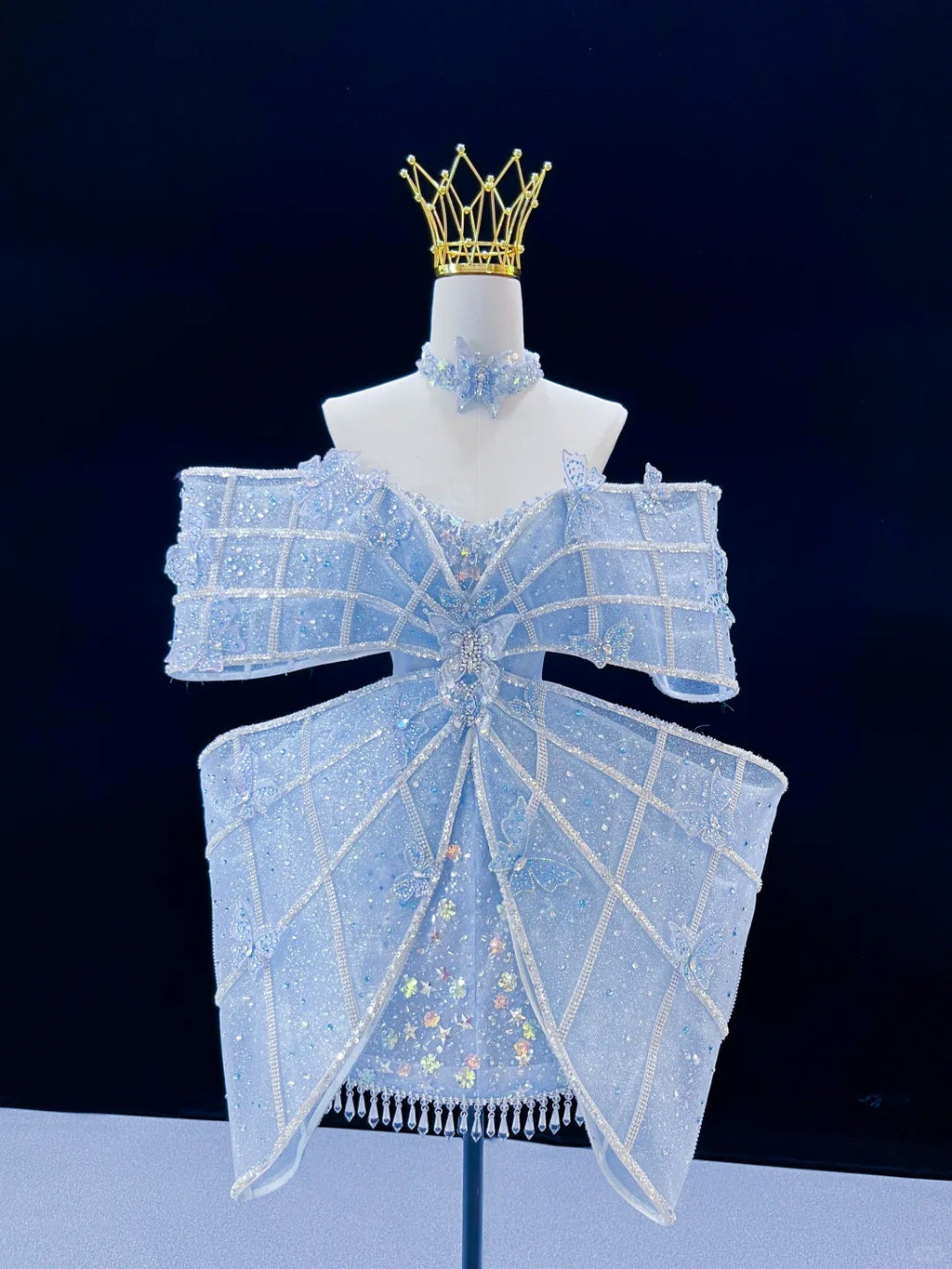 SL244 Icy Blue Off-Shoulder Crystal Bow Mini Prom Dress