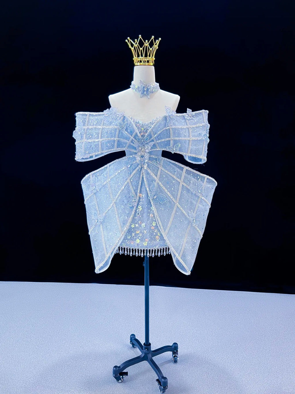 SL244 Icy Blue Off-Shoulder Crystal Bow Mini Prom Dress