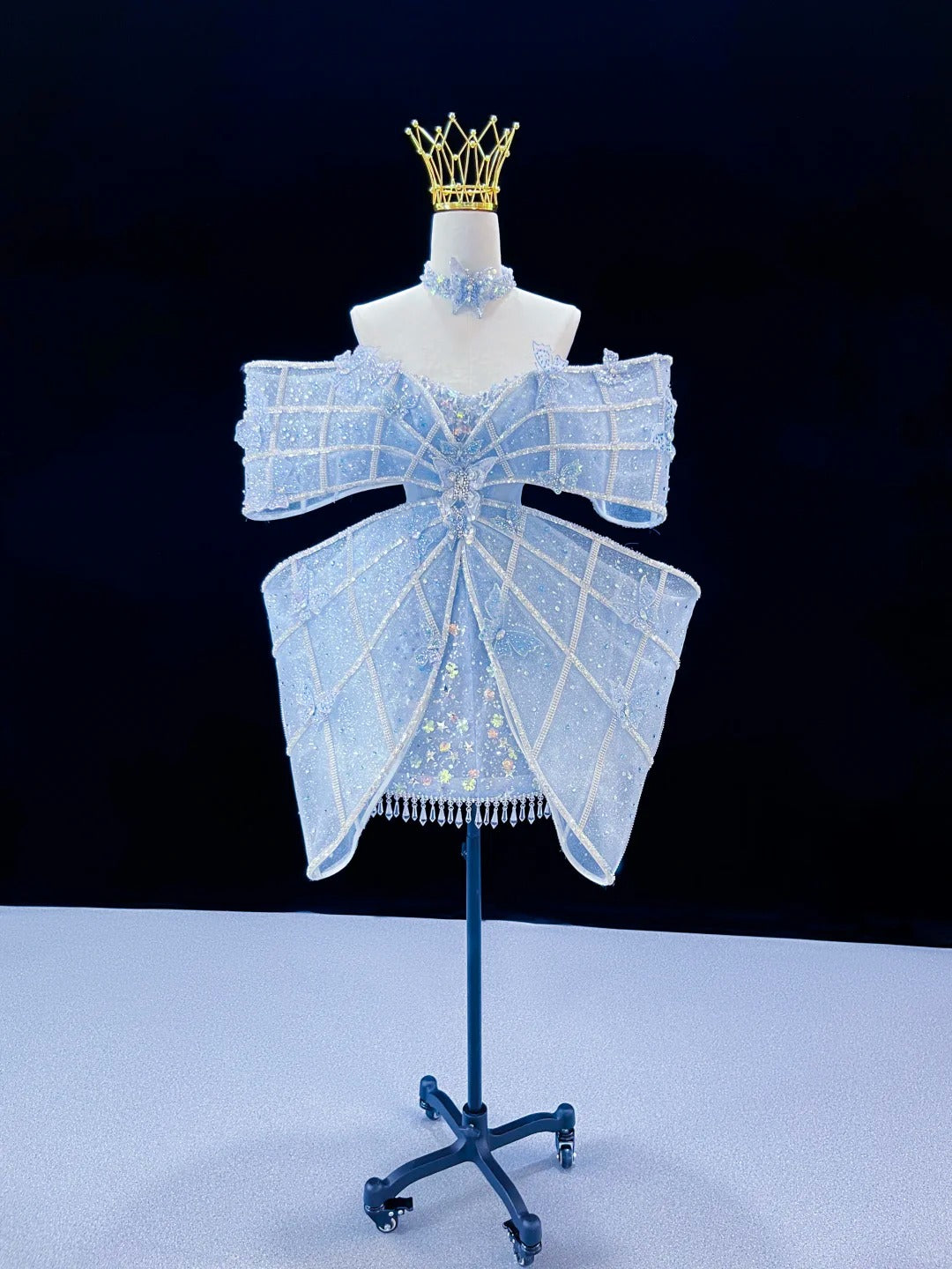 SL244 Icy Blue Off-Shoulder Crystal Bow Mini Prom Dress