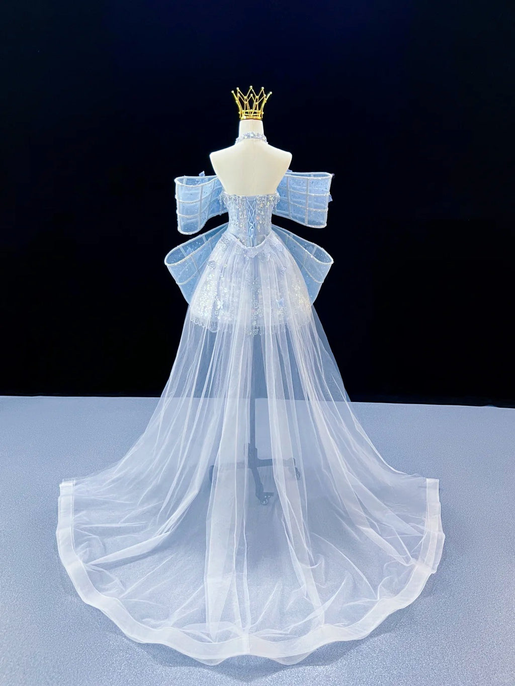 SL244 Icy Blue Off-Shoulder Crystal Bow Mini Prom Dress