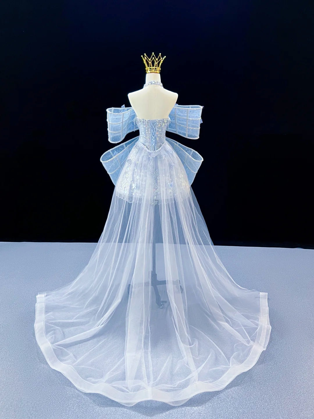 SL244 Icy Blue Off-Shoulder Crystal Bow Mini Prom Dress