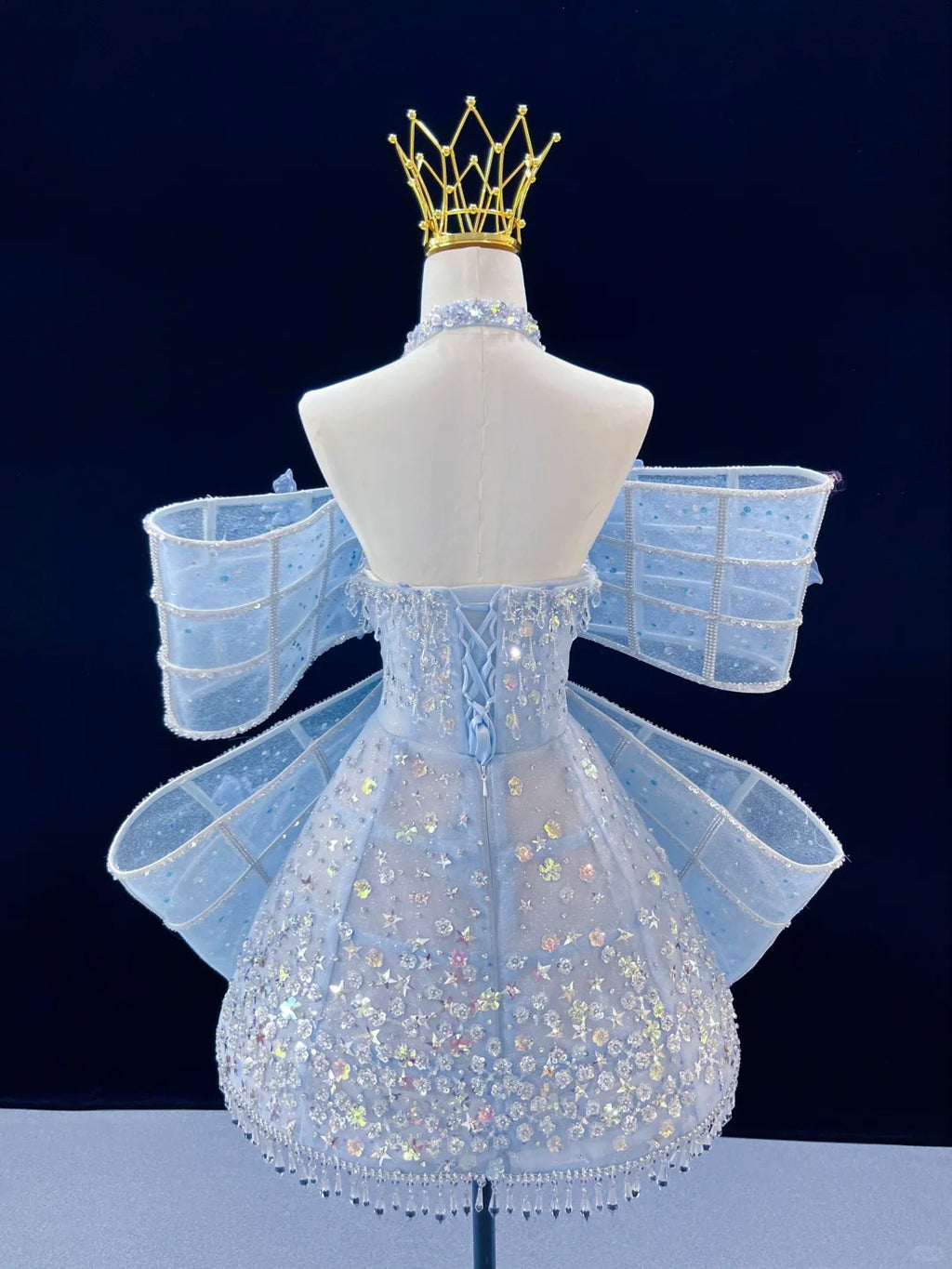 SL244 Icy Blue Off-Shoulder Crystal Bow Mini Prom Dress