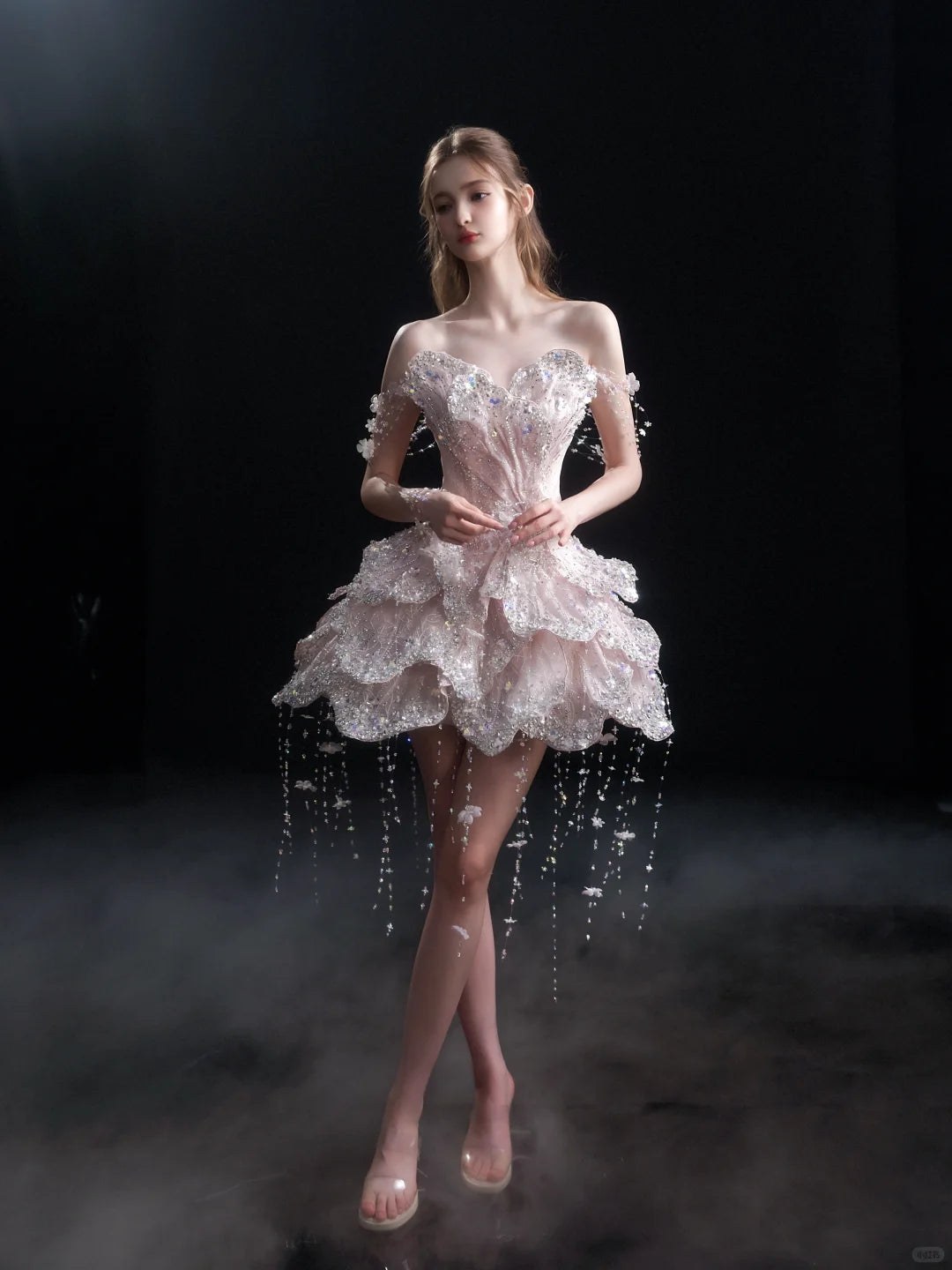 SL245 Luxury Pink Crystal Corset Petal Mini Ball Gown Formal Dress