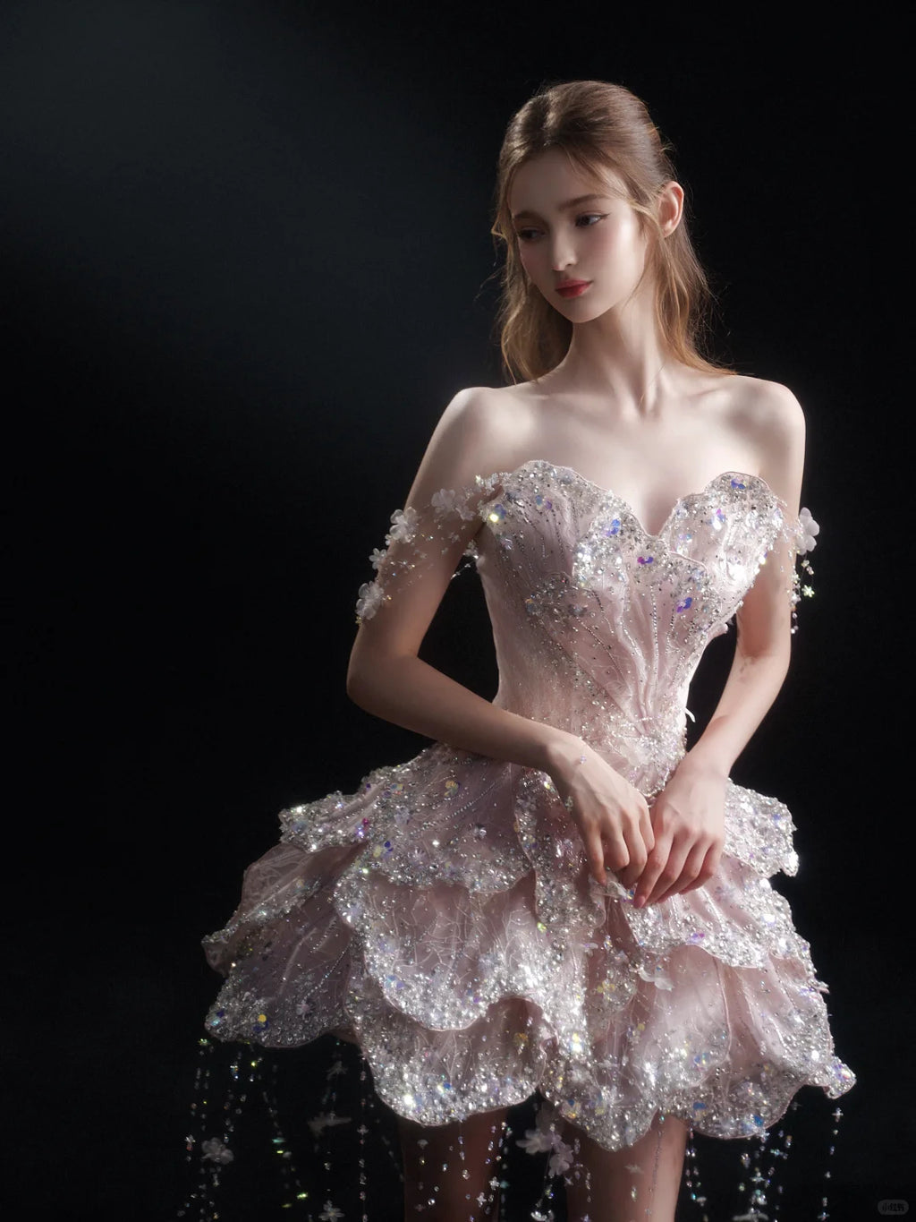 SL245 Luxury Pink Crystal Corset Petal Mini Ball Gown Formal Dress