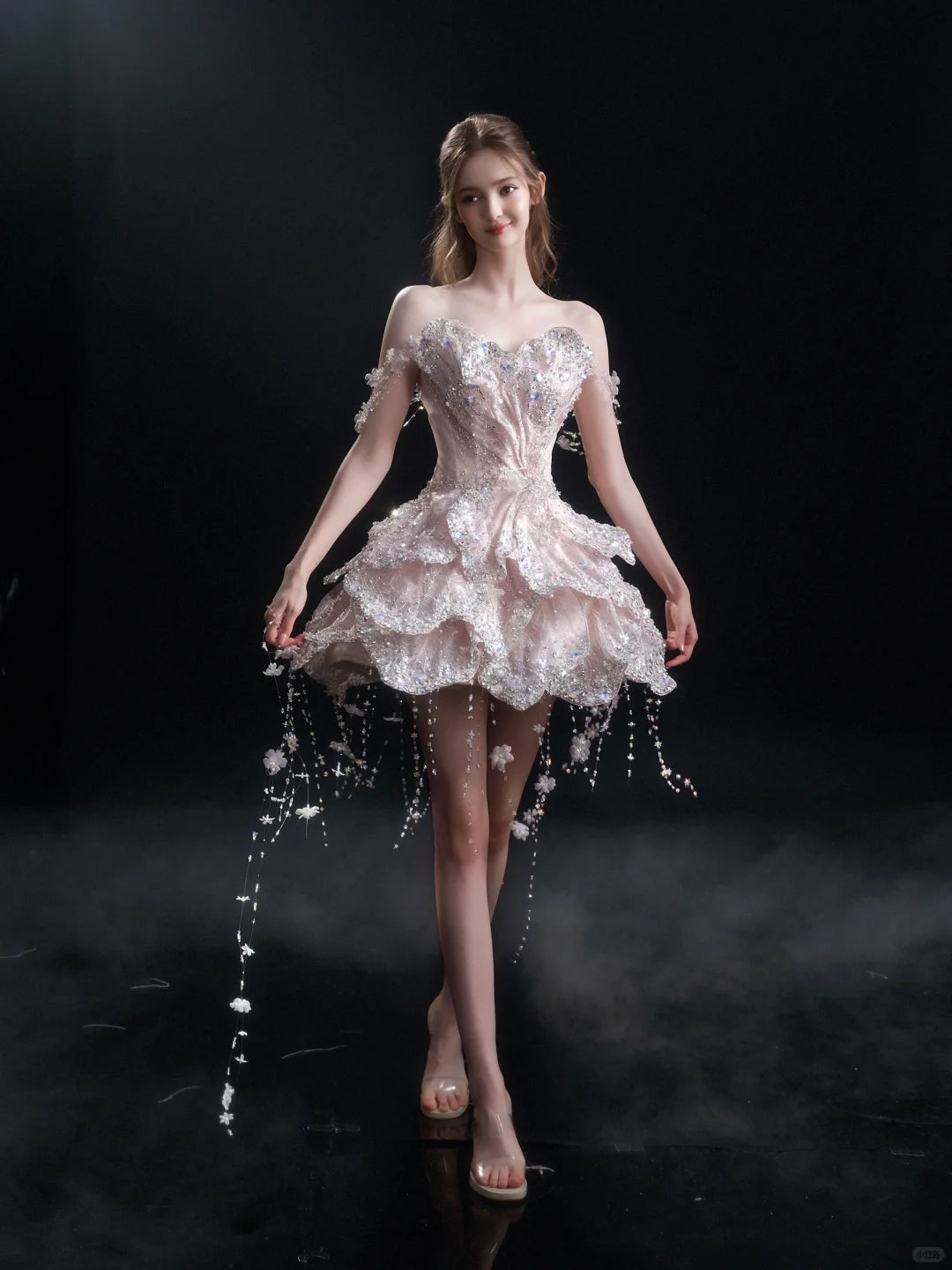 SL245 Luxury Pink Crystal Corset Petal Mini Ball Gown Formal Dress