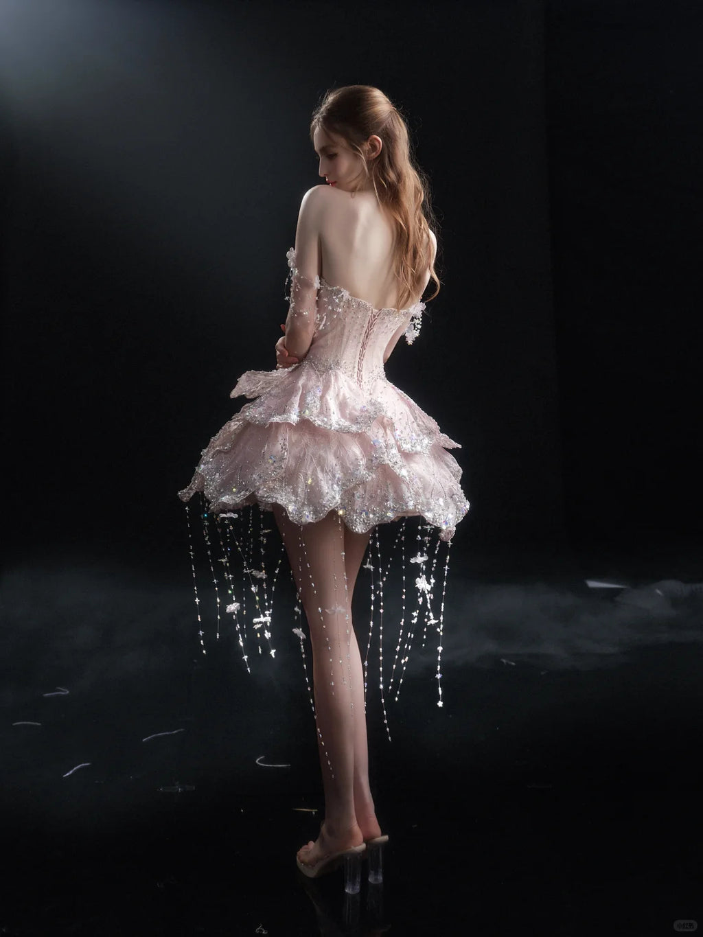 SL245 Luxury Pink Crystal Corset Petal Mini Ball Gown Formal Dress